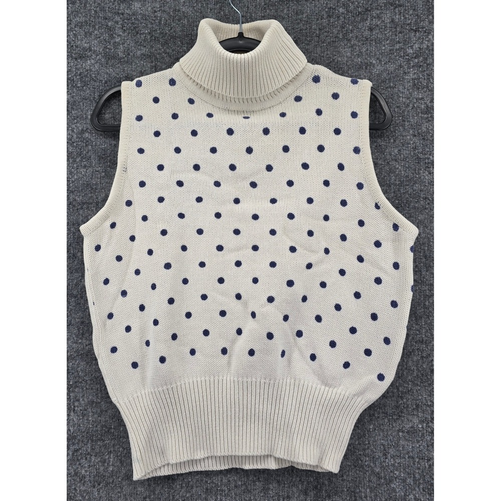 Vtg LeRoy Knitwear Sweater Vest Women's XL Ivory Blue‎ Polka Dot Turtleneck 80s